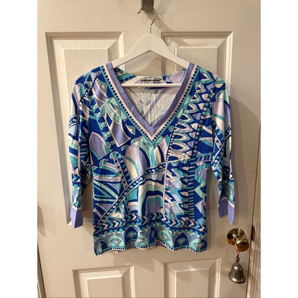 Barbara Gerwit Mixed Blues Printed V-Neck 3/4 Sleeve Resort Top sz M